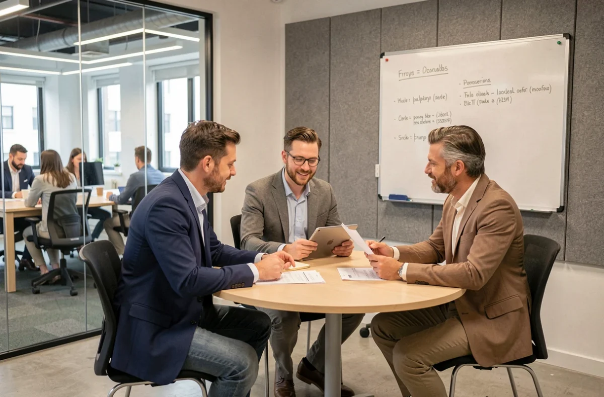 Équipe de professionnels en réunion dans une salle vitrée d'un espace de coworking à Levallois