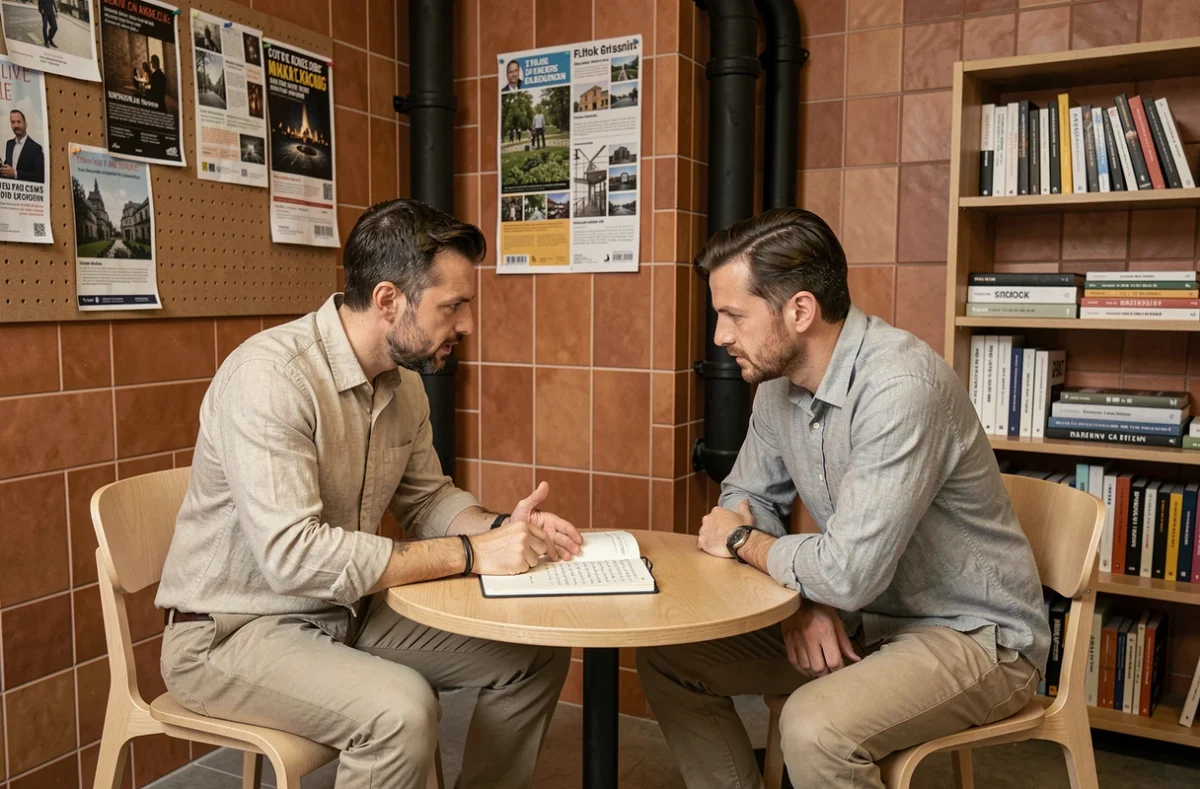 Deux hommes en réunion informelle dans un espace de coworking chaleureux au style artisanal près de Bastille