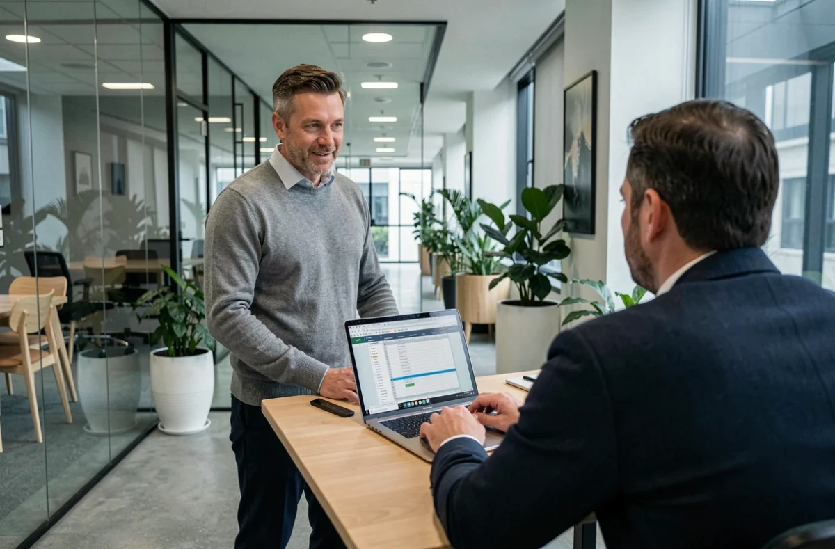 Freelance en réunion avec un conseiller en portage salarial dans un centre d'affaires moderne