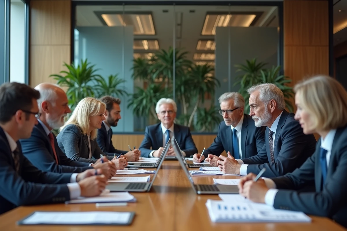 Professionnels en réunion dans une salle de conférence