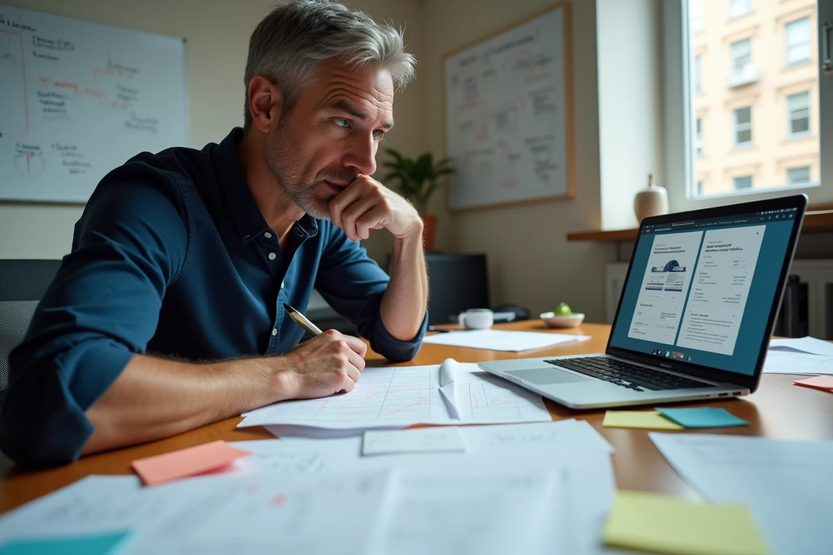 Homme en réunion de travail entouré de prototypes et maquettes de personnalisation dans une salle de startup