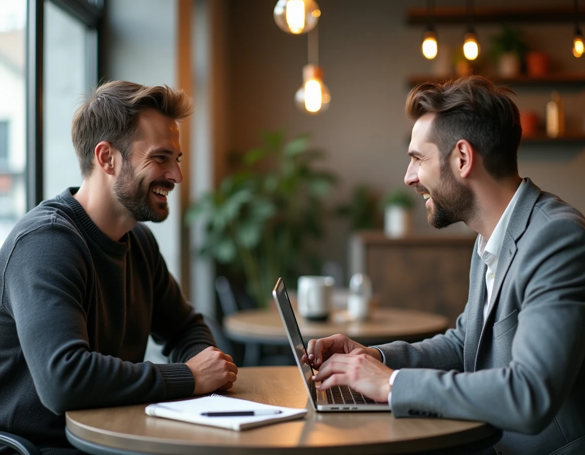 Deux entrepreneurs en réunion de networking B2B en tête-à-tête dans un espace de travail café, avec ordinateurs portables et notes manuscrites sur la table
