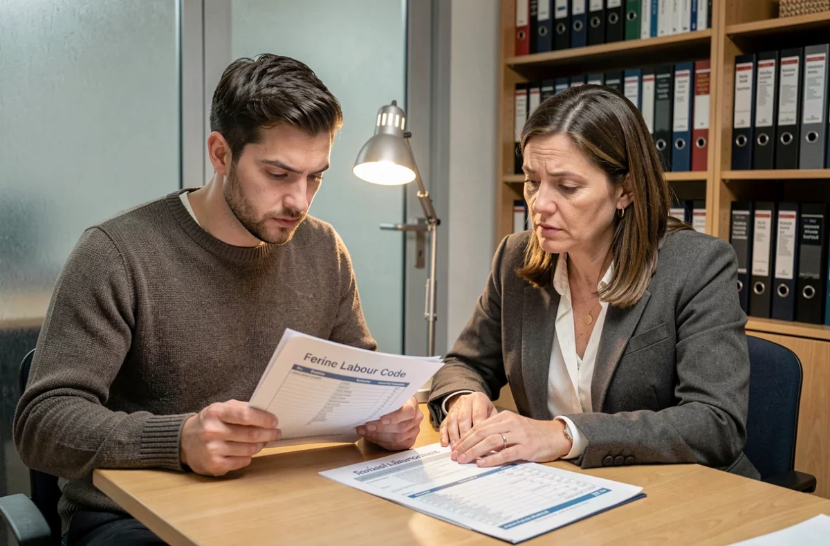 Deux salariés consultant le Code du travail et un relevé d'heures mensuelles dans un bureau RH
