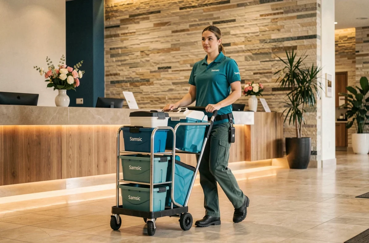 Agente Samsic Propreté poussant un chariot de nettoyage multiservice dans le hall d'un hôtel