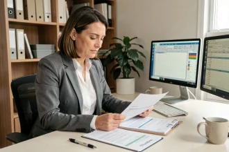 Secrétaire indépendante organisant des factures et un agenda dans un bureau à domicile moderne