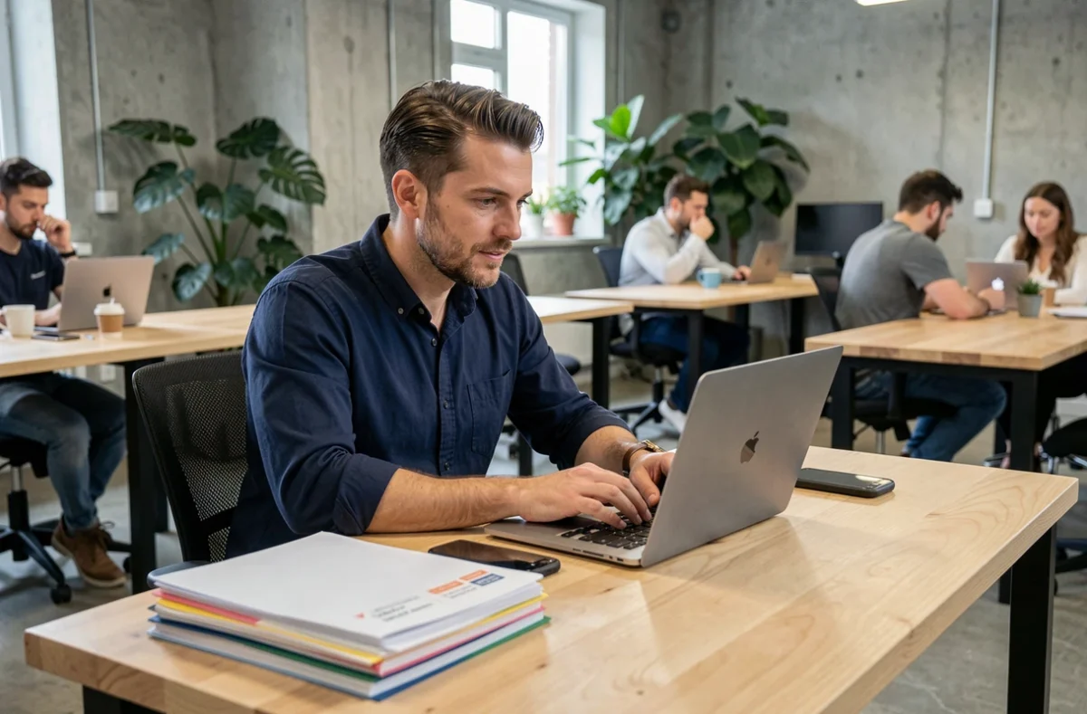 Professionnel libéral gérant sa facturation et ses relances sur ordinateur dans un espace de coworking
