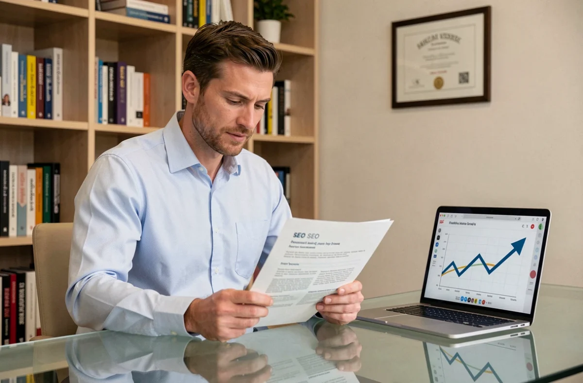 Manager marketing de Seobooster examinant un rapport SEO imprimé devant un écran affichant une croissance du trafic web