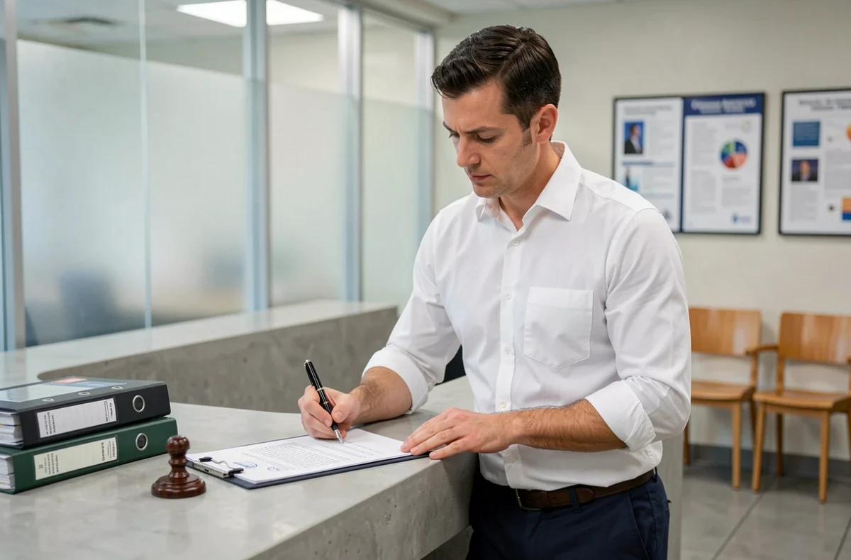 Entrepreneur signant les documents officiels de création d'une société de portage salarial dans un bureau administratif