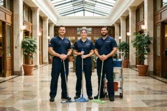 Équipe de professionnels du nettoyage en uniforme dans le hall d'un bâtiment commercial en Bourgogne-Franche-Comté