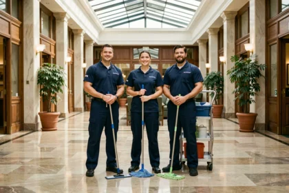 Équipe de professionnels du nettoyage en uniforme dans le hall d'un bâtiment commercial en Bourgogne-Franche-Comté