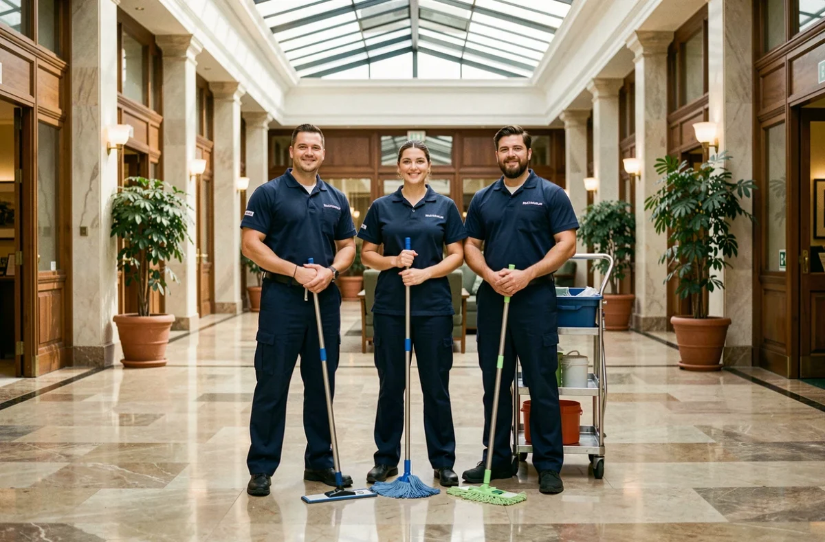 Équipe de professionnels du nettoyage en uniforme dans le hall d'un bâtiment commercial en Bourgogne-Franche-Comté