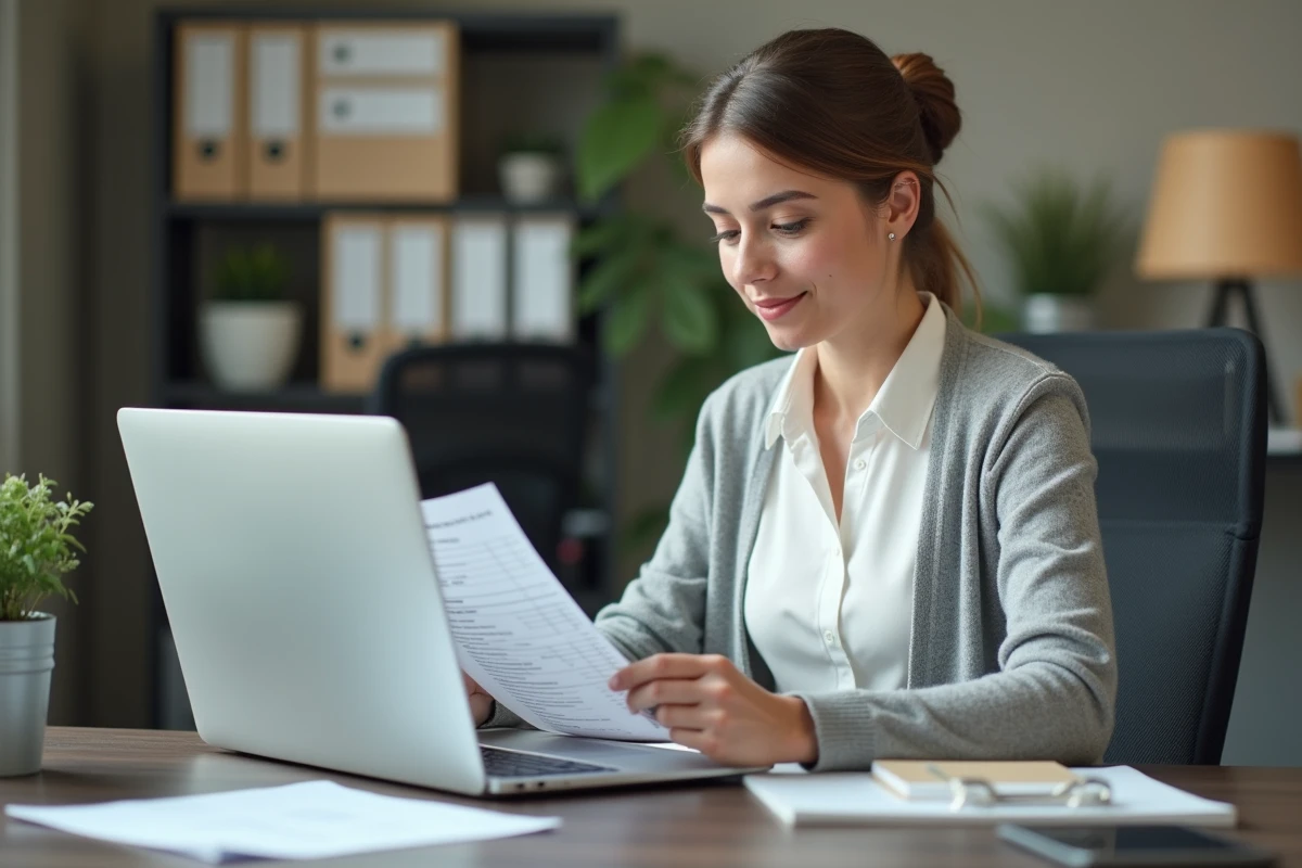 Spécialiste de la paie analysant un bulletin de salaire et un logiciel RH pour calculer les obligations de financement ASP