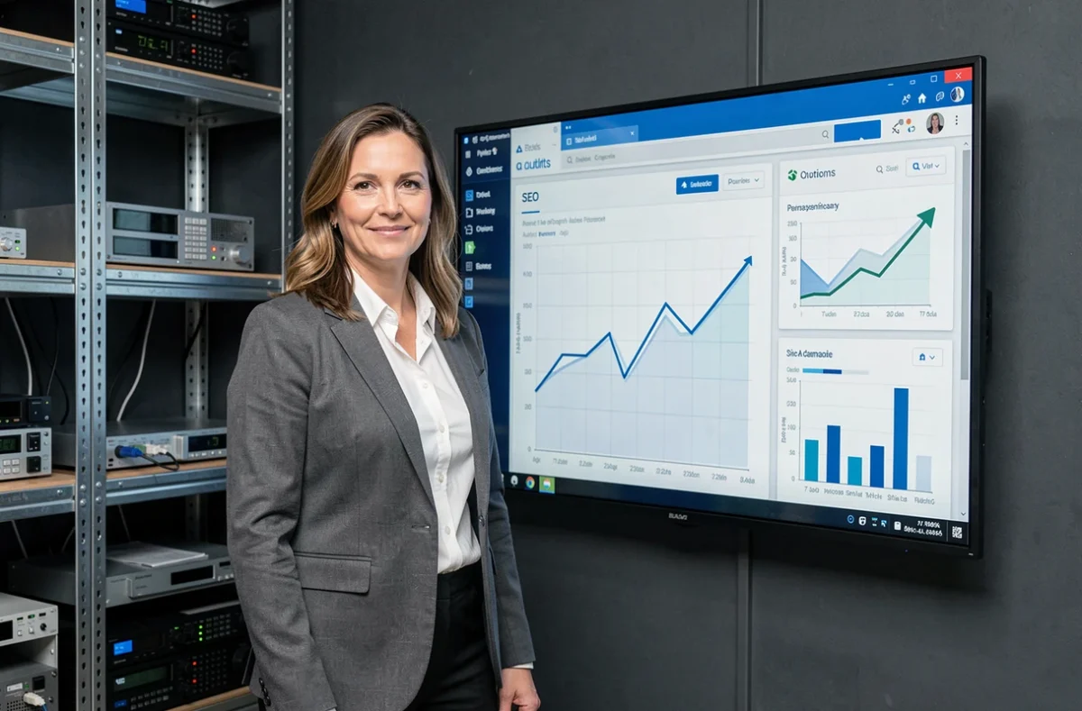 Stratège digitale de Steel-Digital présentant un tableau de bord SEO sur grand écran dans un bureau au style industriel