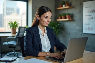 Professionnelle travaillant sur une stratégie de contenu SaaS orientée essais gratuits devant un tableau de bord analytique