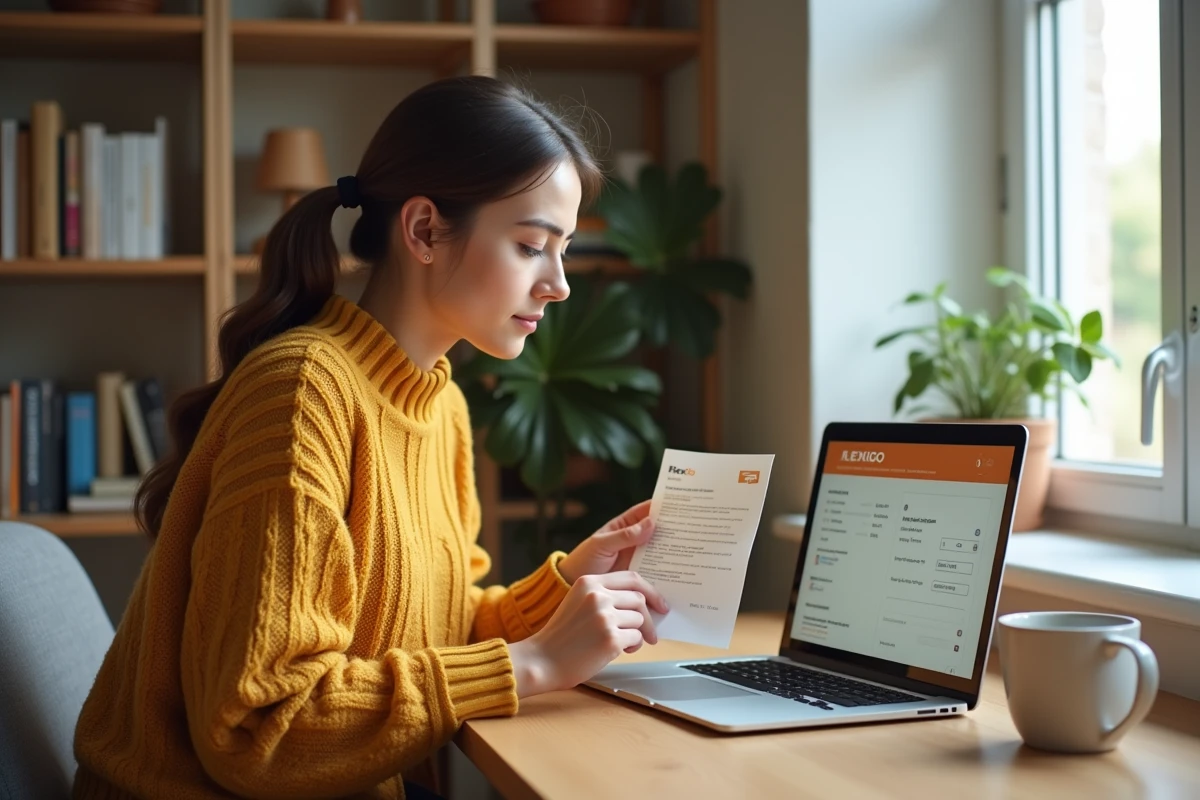 Jeune femme consultant les délais et le suivi de courrier du service Flexigo sur son ordinateur portable à domicile