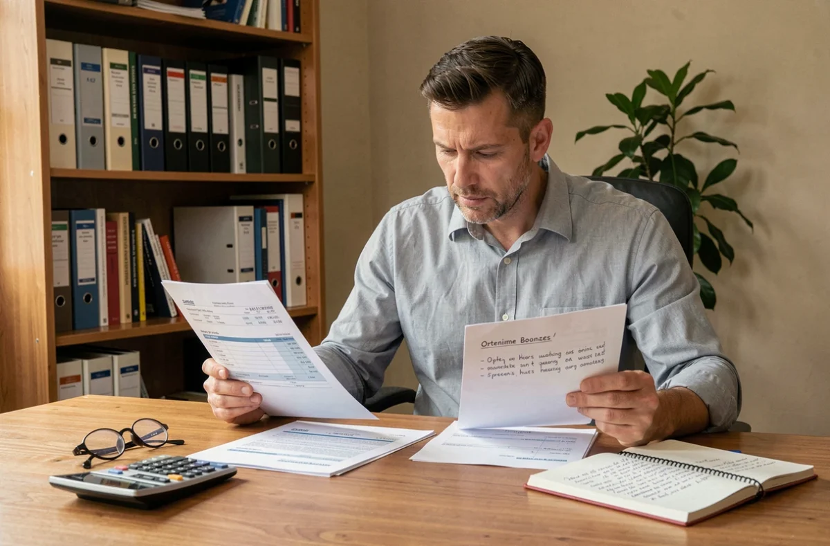 Homme comparant des fiches de paie et des heures supplémentaires pour calculer son taux horaire réel à domicile
