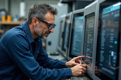 Technicien CNC paramétrant un tour à commande numérique en atelier industriel