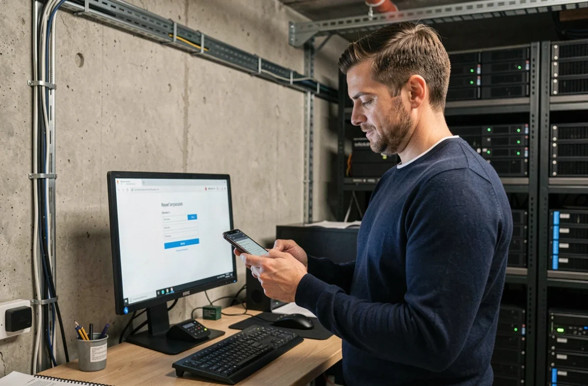 Technicien informatique consultant un email de réinitialisation de mot de passe intranet Inetum sur son smartphone dans un service IT