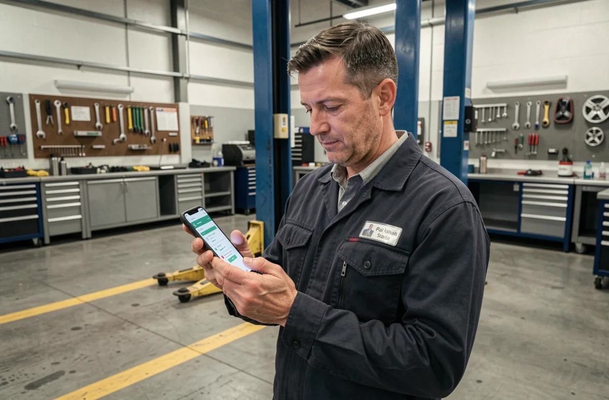Technicien Norauto utilisant l'intranet mobile sur smartphone dans un atelier automobile