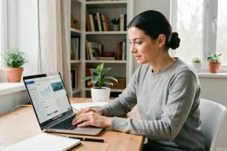 Femme en télétravail consultant un logiciel de suivi du temps de travail sur son ordinateur portable dans un bureau à domicile épuré