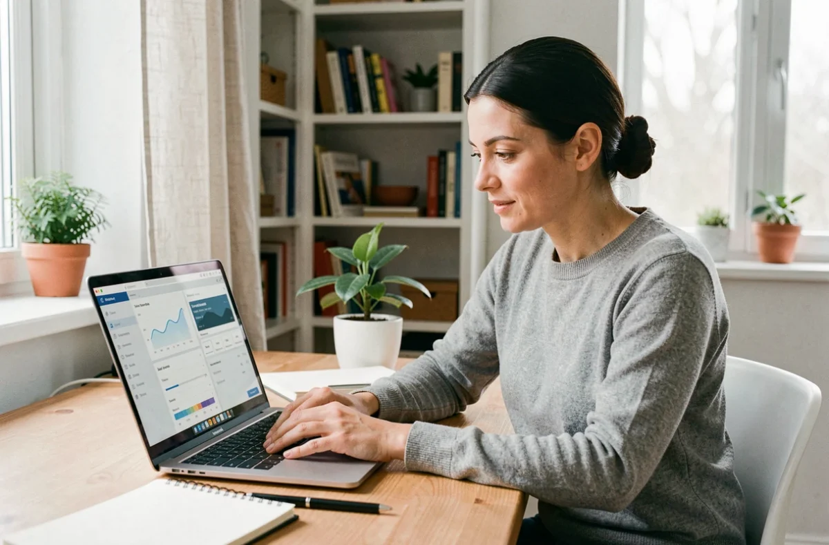 Femme en télétravail consultant un logiciel de suivi du temps de travail sur son ordinateur portable dans un bureau à domicile épuré