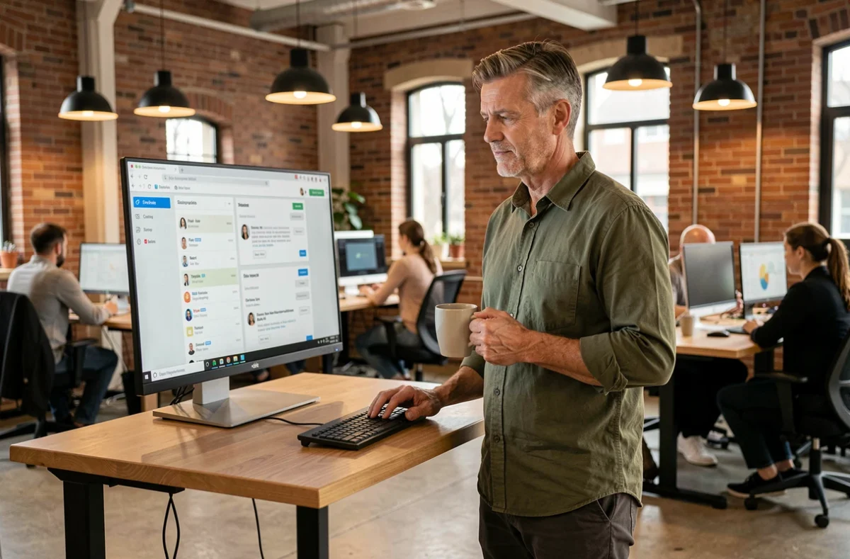 Homme d'affaires évaluant des offres d'emploi en ligne sur un grand écran dans un espace de coworking professionnel
