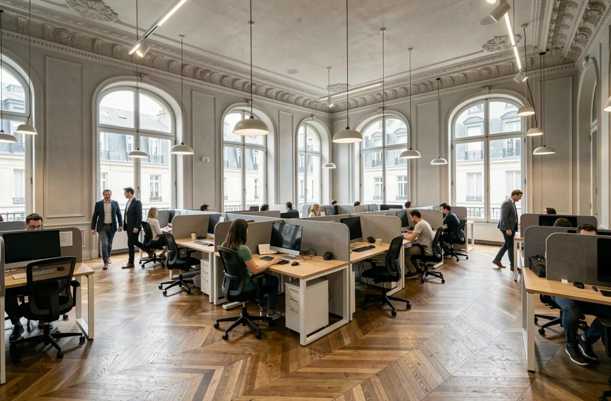 Vue d'ensemble d'un grand espace de coworking ouvert à Levallois-Perret avec bureaux ergonomiques et parquet