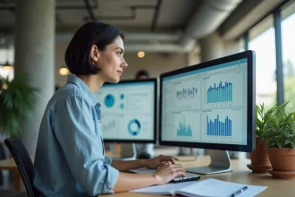 Professionnelle utilisant une interface de gestion WATERP sur écran d'ordinateur dans un bureau moderne en 2026