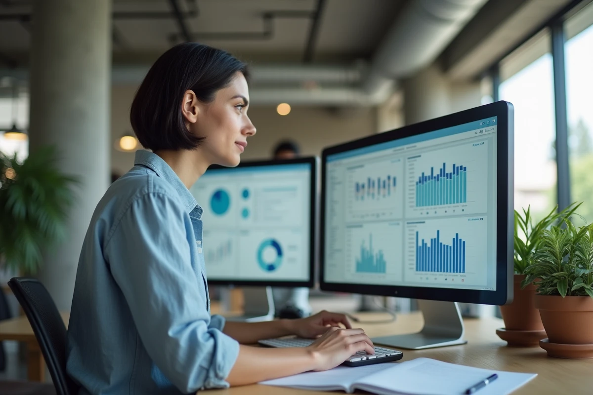 Professionnelle utilisant une interface de gestion WATERP sur écran d'ordinateur dans un bureau moderne en 2026