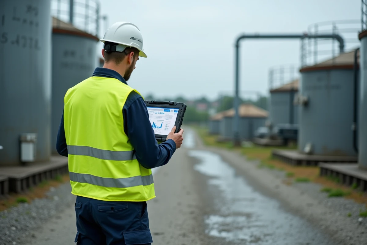 Technicien eau consultant des données WATERP sur tablette dans une installation de traitement d'eau urbaine